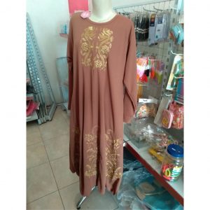 ini adalah Gamis Bordir Bunga Milo, size: 114 cm x 135 cm, material: voxy premium, color: chocholate milo, brand: Abayagamisindonesia, age_group: all ages, gender: female