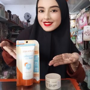 Ini adalah Hanasui Collagen Sunscreen brand: hanasui, age_group: all ages, gender: female, capacity: 30 ml, ingredients: Aqua, Ethylhexyl Methoxycinnamate, Diethylamino Hydroxybenzoyl Hexyl Benzoate Neopentyl Glycol Diheptanoate, Butylene Glycol, Ethylhexyl Triazone, Tris-Biphenyl Triazine, Butyl Methoxydibenzoylmethane, Niacinamide, Bis-Ethylhexyloxyphenol Methoxyphenyl Triazine, Butyloctyl Salicylate, Inositol, Octocrylene, Glycine Soja Oil, Phenoxyethanol, Polyester-7, Acrylates/C10-30 Alkyl Acrylate Crosspolymer, Decyl Glucoside, Carbomer, Disodium EDTA, Polyglyceryl-3 Diisostearate, Sodium Polyacrylate, Hydrogenated Polydecene, Lactobacillus/Collagen Ferment Filtrate, Lecithin, Oryza Sativa Extract, Oryza Sativa Germ Extract, Sodium Hydroxide, Tocopheryl Acetate, Triethylene Glycol, Disodium Phosphate, Trideceth-6, Xanthan Gum, Artemisia Vulgaris (Mugwort) Extract,